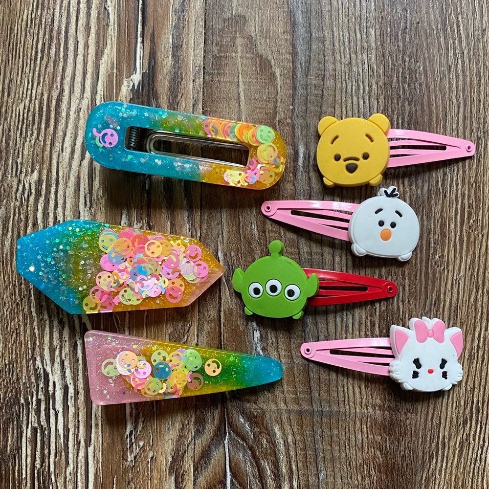 Bundle of Seven Rainbow Glitter and Disney Hair Clips